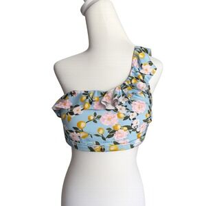 Victoria's Secret One Shoulder Ruffle Bikini Top Lemon Floral Blue Size Large
